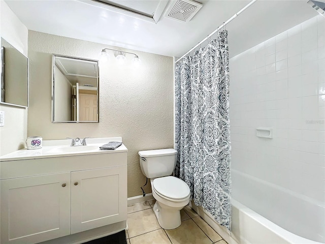 full bathroom with tile patterned floors, vanity, toilet, and shower / bath combo with shower curtain