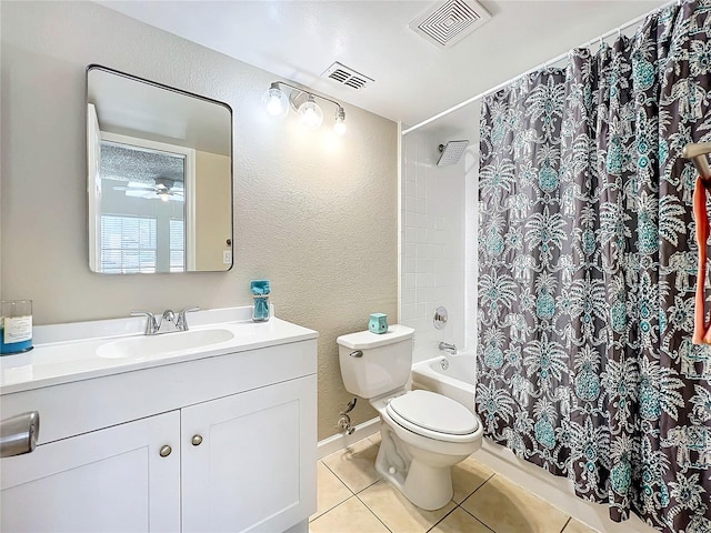 full bathroom with ceiling fan, shower / bathtub combination with curtain, tile patterned floors, toilet, and vanity