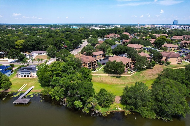 bird's eye view with a water view