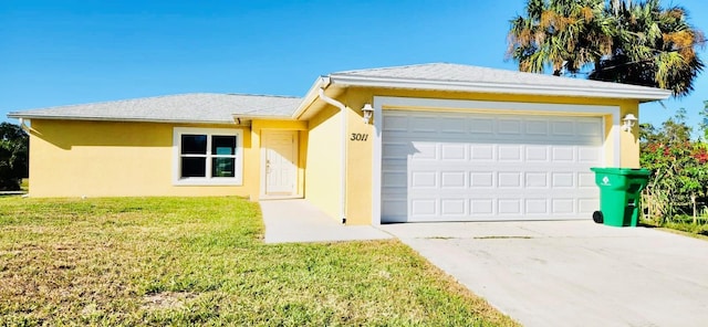 ranch-style house with a garage and a front lawn