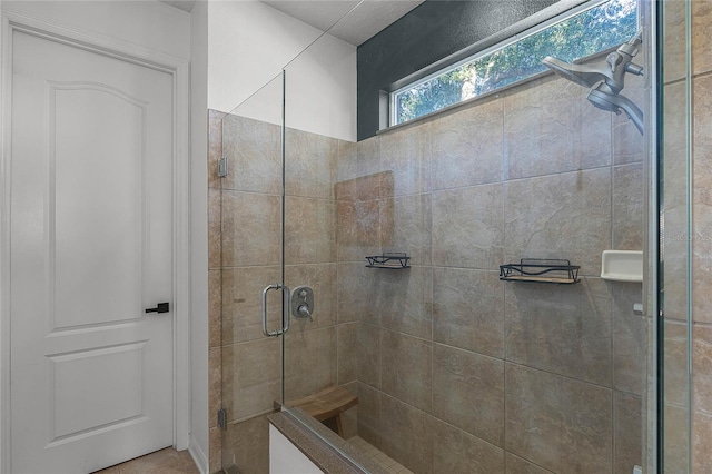 bathroom featuring a shower with door