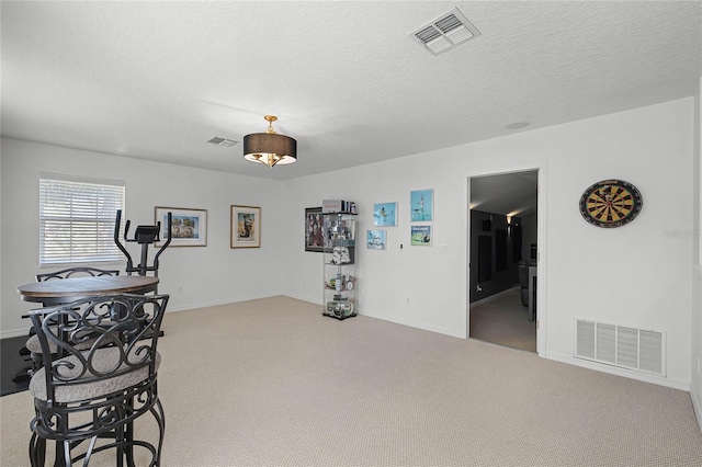 exercise area with a textured ceiling and light carpet