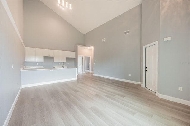 unfurnished living room featuring light hardwood / wood-style flooring, high vaulted ceiling, and sink