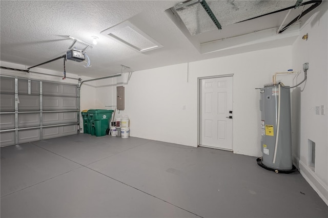 garage featuring electric panel, electric water heater, and a garage door opener