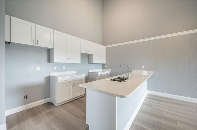 kitchen featuring kitchen peninsula, white cabinetry, sink, and light hardwood / wood-style flooring