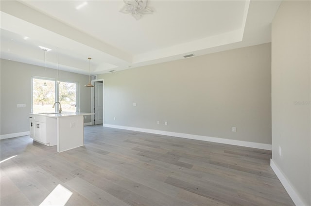 unfurnished room featuring a raised ceiling, sink, and light hardwood / wood-style flooring