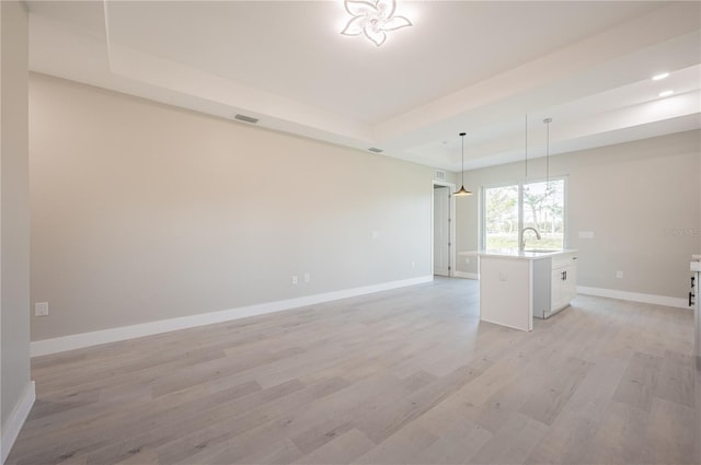 unfurnished room featuring a tray ceiling, sink, and light hardwood / wood-style floors