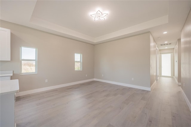 unfurnished room featuring a raised ceiling, a healthy amount of sunlight, and light hardwood / wood-style floors