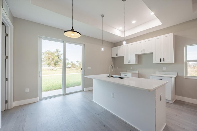 kitchen with white cabinetry, sink, a tray ceiling, and an island with sink