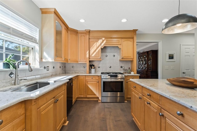 kitchen featuring dishwasher, dark wood-type flooring, sink, high end stove, and tasteful backsplash