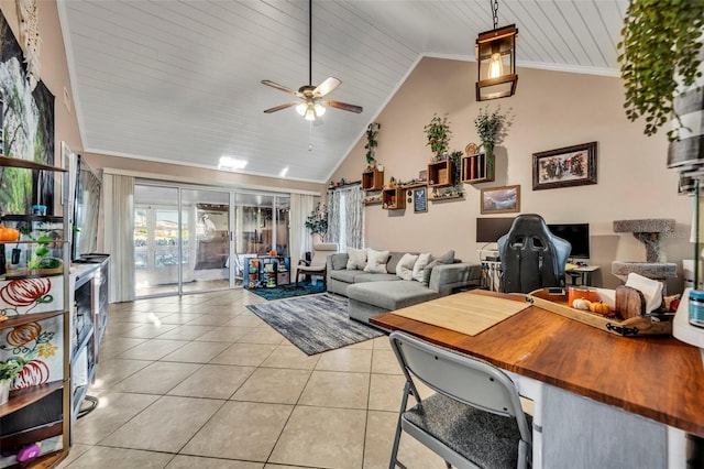 tiled living room featuring ceiling fan, high vaulted ceiling, wood ceiling, and ornamental molding