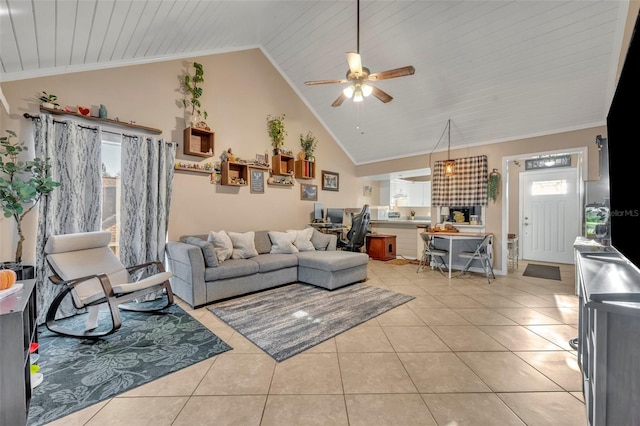 tiled living room featuring ceiling fan, plenty of natural light, high vaulted ceiling, and ornamental molding