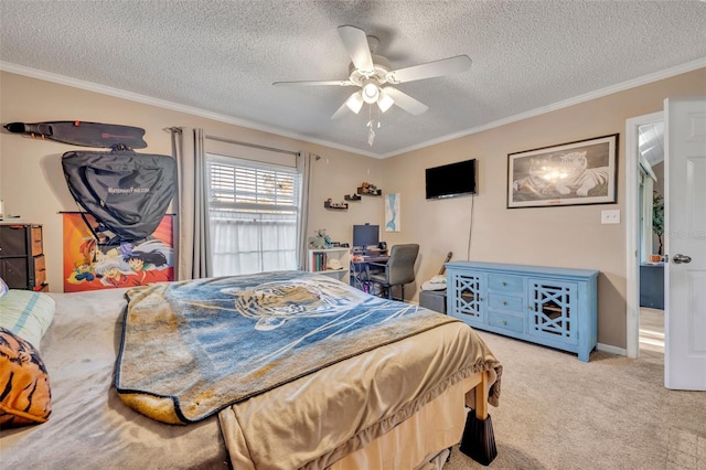 carpeted bedroom featuring ceiling fan, crown molding, and a textured ceiling