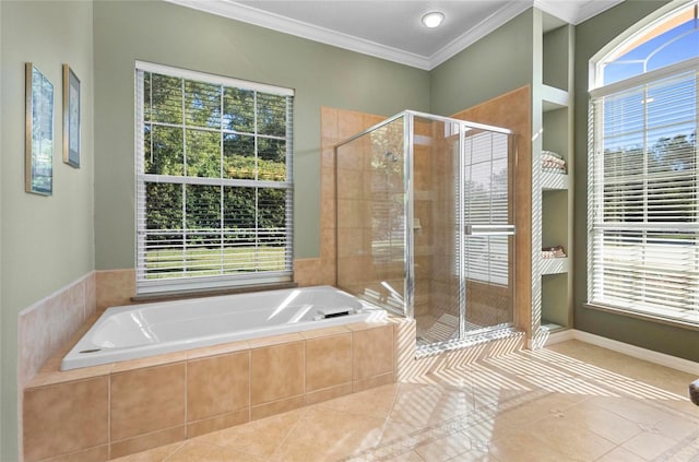 bathroom featuring tile patterned flooring, independent shower and bath, and ornamental molding