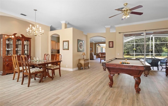 playroom featuring ceiling fan with notable chandelier, light hardwood / wood-style flooring, and ornamental molding