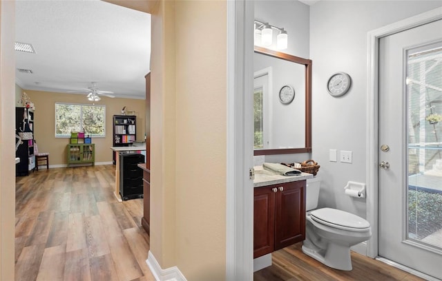 bathroom with ceiling fan, vanity, a healthy amount of sunlight, and wood-type flooring