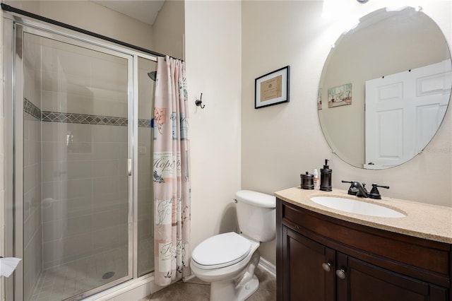 bathroom featuring tile patterned flooring, a shower with curtain, toilet, and vanity