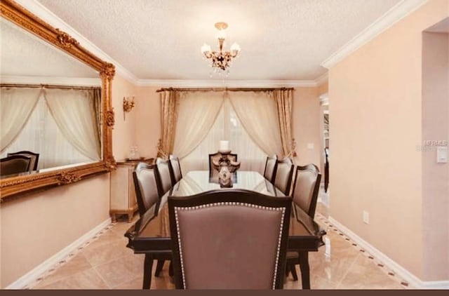 dining room featuring crown molding, light tile patterned floors, a textured ceiling, and a notable chandelier