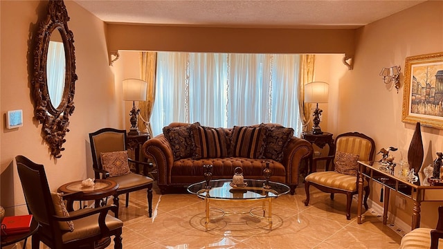 sitting room with a textured ceiling