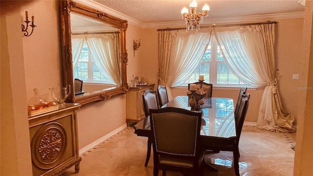 dining area featuring crown molding, plenty of natural light, a textured ceiling, and an inviting chandelier