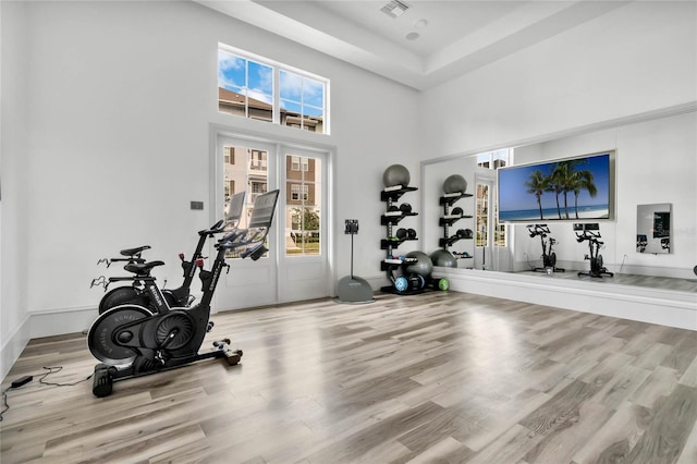 exercise room with light hardwood / wood-style floors