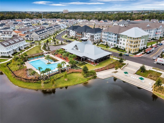 drone / aerial view featuring a water view