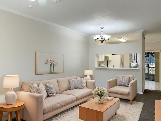 tiled living room featuring crown molding, a textured ceiling, and a notable chandelier