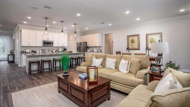 living room featuring sink, hardwood / wood-style floors, a textured ceiling, and ornamental molding