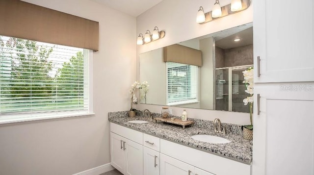 bathroom with a wealth of natural light, vanity, and walk in shower