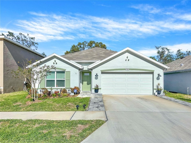 ranch-style house featuring a front yard and a garage