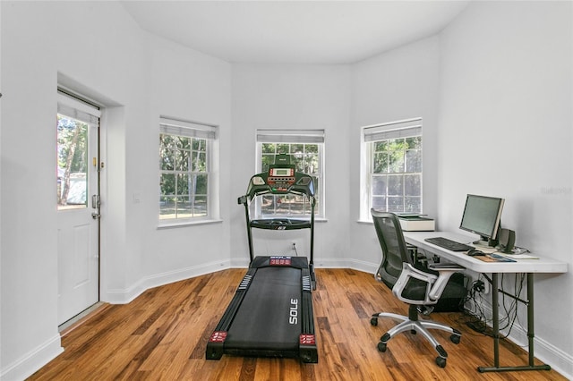 home office with hardwood / wood-style flooring and a healthy amount of sunlight