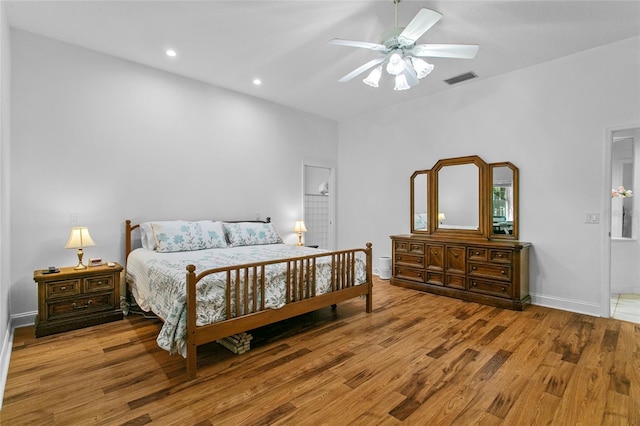 bedroom featuring ceiling fan and light wood-type flooring