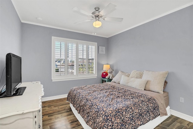 bedroom with ceiling fan, crown molding, and dark hardwood / wood-style flooring