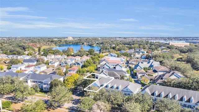 drone / aerial view featuring a water view