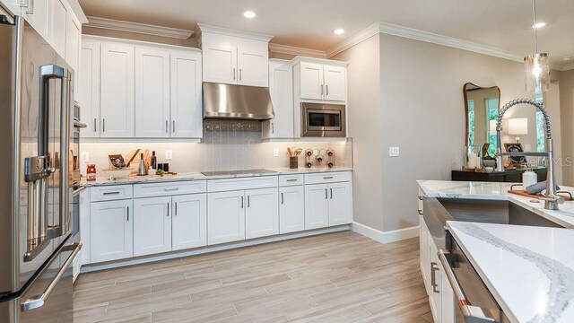 kitchen featuring exhaust hood, white cabinets, crown molding, light stone counters, and stainless steel appliances