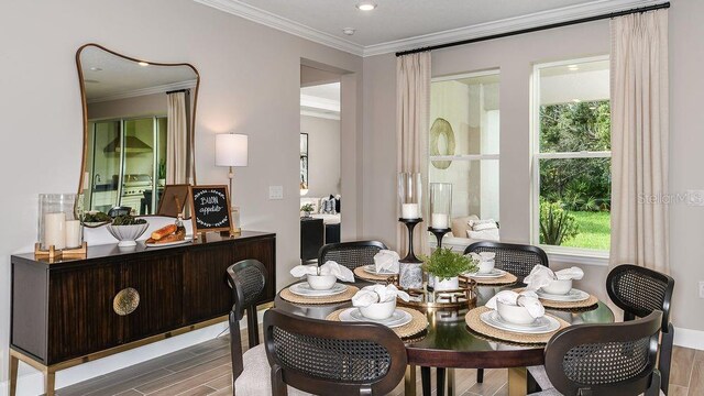 dining area with hardwood / wood-style flooring and crown molding