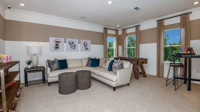 carpeted living room with crown molding