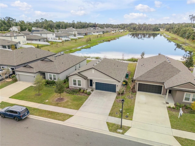 bird's eye view with a water view