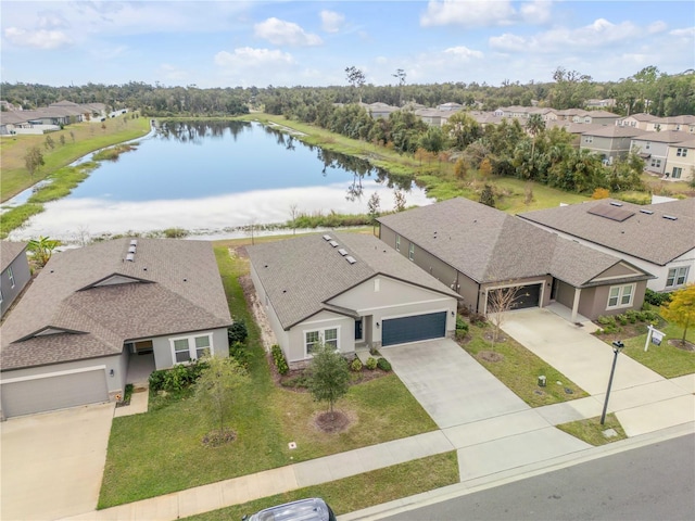 bird's eye view with a water view