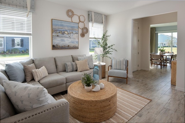 living room featuring plenty of natural light and light wood-type flooring