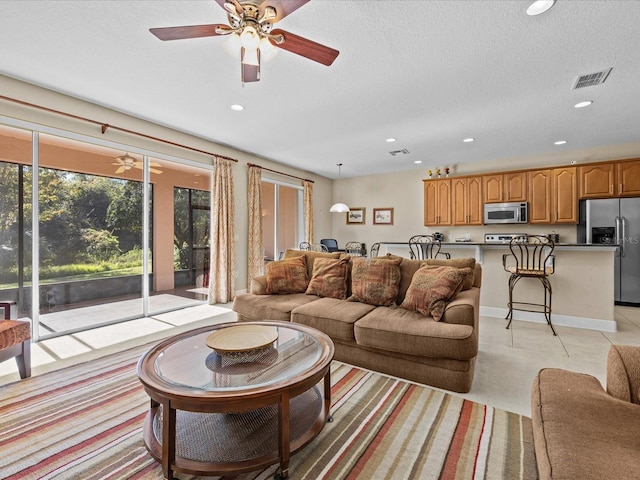 living room featuring a textured ceiling