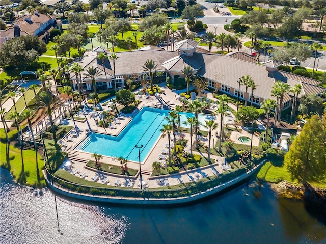 birds eye view of property featuring a water view