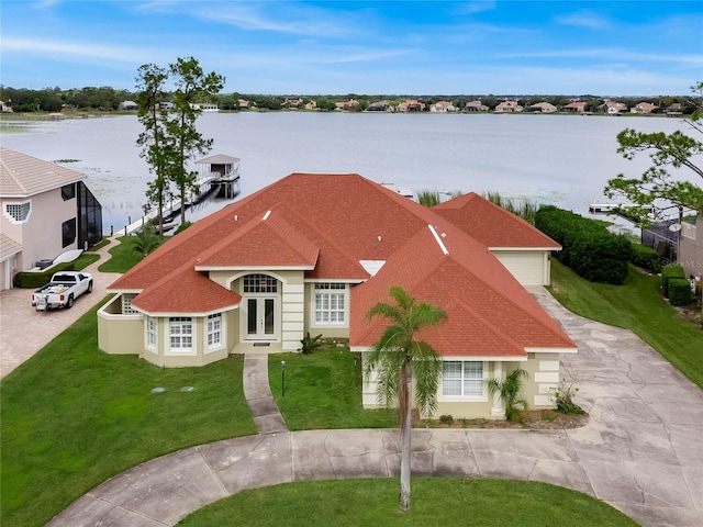 aerial view featuring a water view