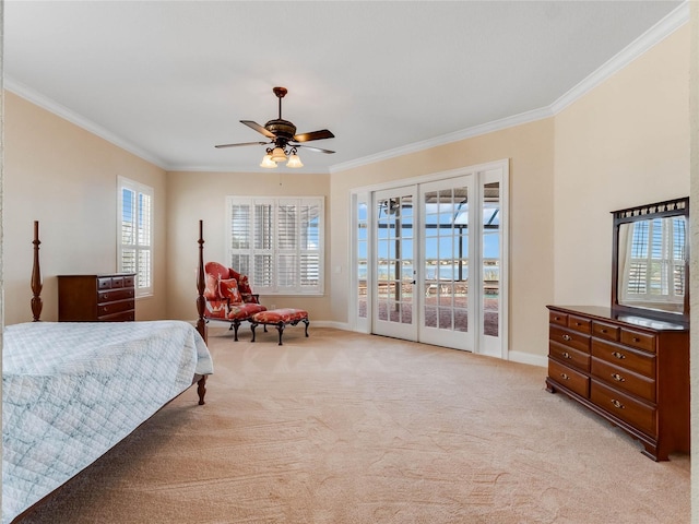 bedroom featuring access to exterior, light carpet, french doors, ornamental molding, and ceiling fan