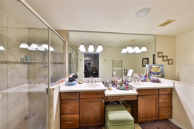 bathroom featuring vanity, a textured ceiling, and an enclosed shower