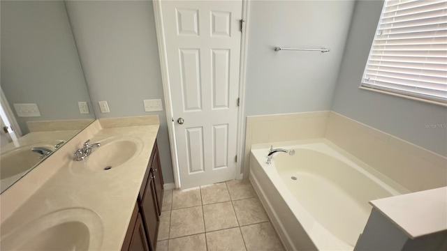 bathroom with tile patterned floors, vanity, and a bath