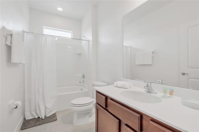 full bathroom featuring shower / bath combo, vanity, toilet, and tile patterned floors