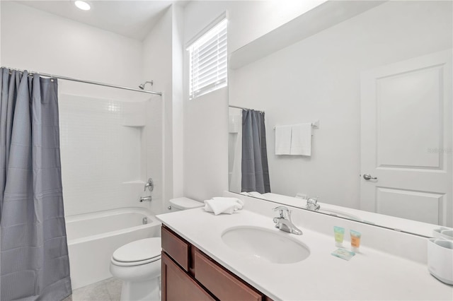 full bathroom with shower / bath combination with curtain, vanity, toilet, and tile patterned floors