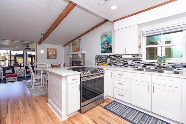 kitchen with sink, white cabinetry, stainless steel electric range, light hardwood / wood-style flooring, and kitchen peninsula