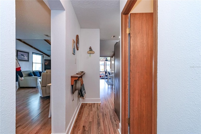 corridor with lofted ceiling, hardwood / wood-style floors, and a textured ceiling